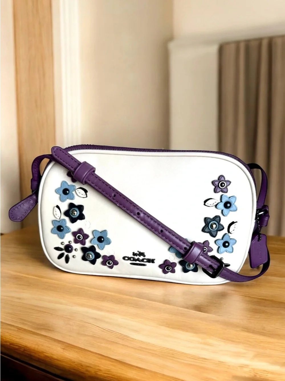 Coach Floral Appliqué Crossbody Bag Off White Purple Leather